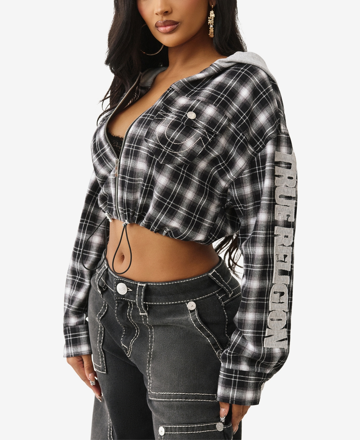True Religion Plaid Zip Crop Hoodie In Black