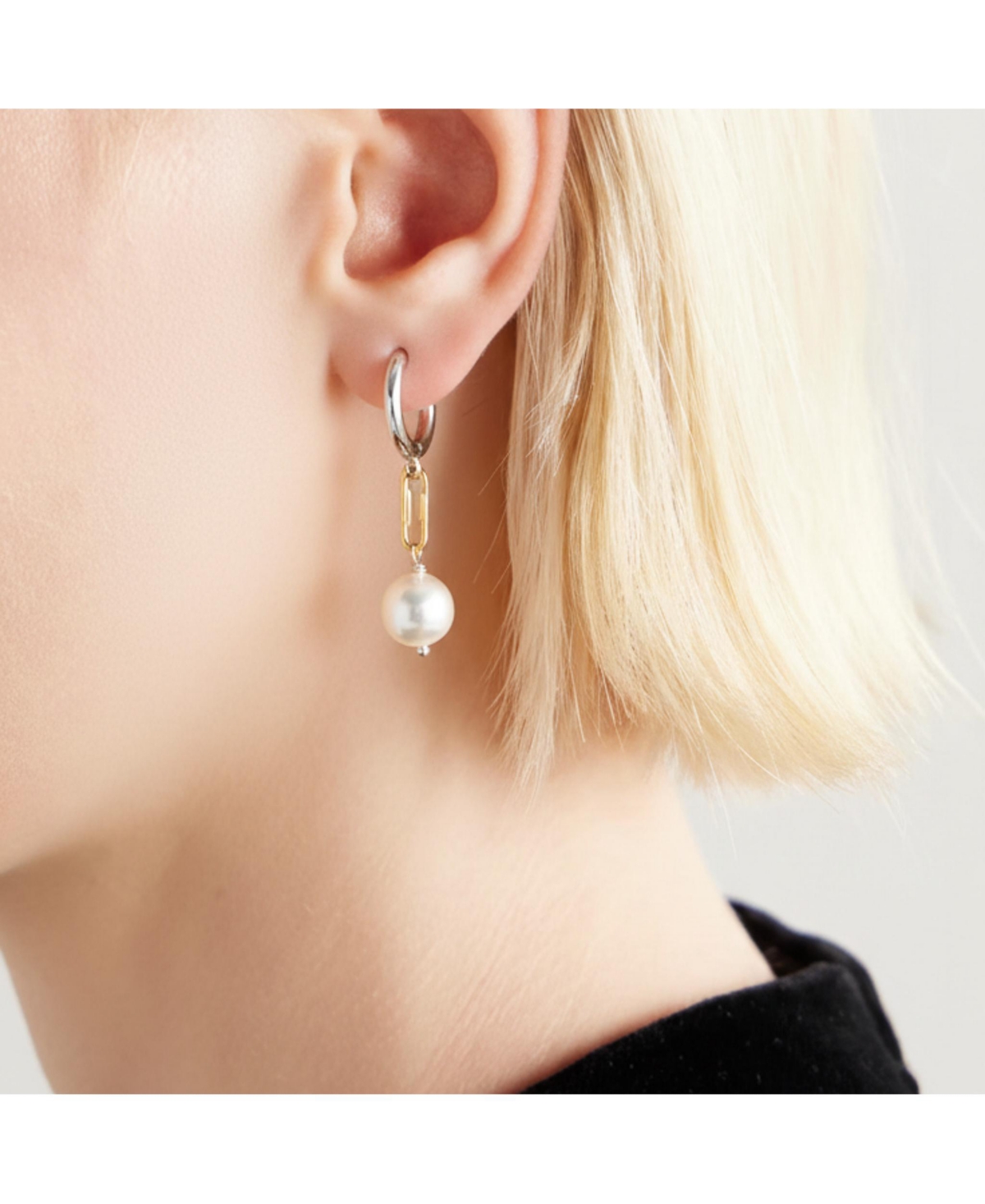 18k Gold Plated Paper Clip Chain and Silver Plated Huggies with Freshwater Pearls - Sake Earrings For Women