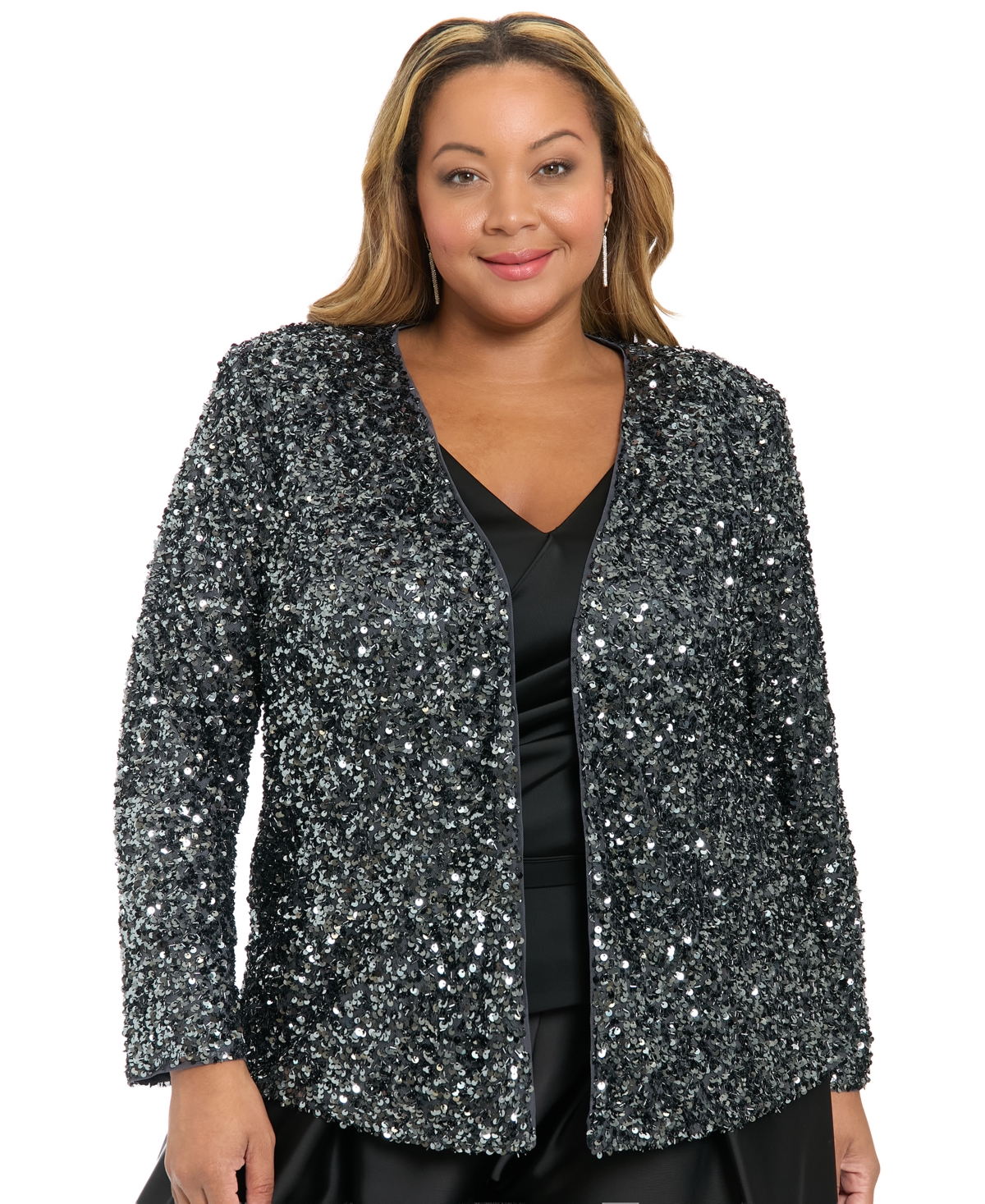 Muse Plus Size V-neck Sequin Long-sleeve Jacket In Multi