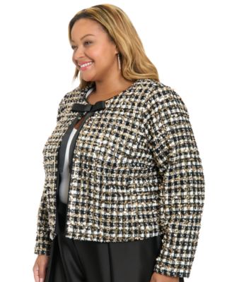 Plus Size Tweed Jewel Neck Jacket with Bow