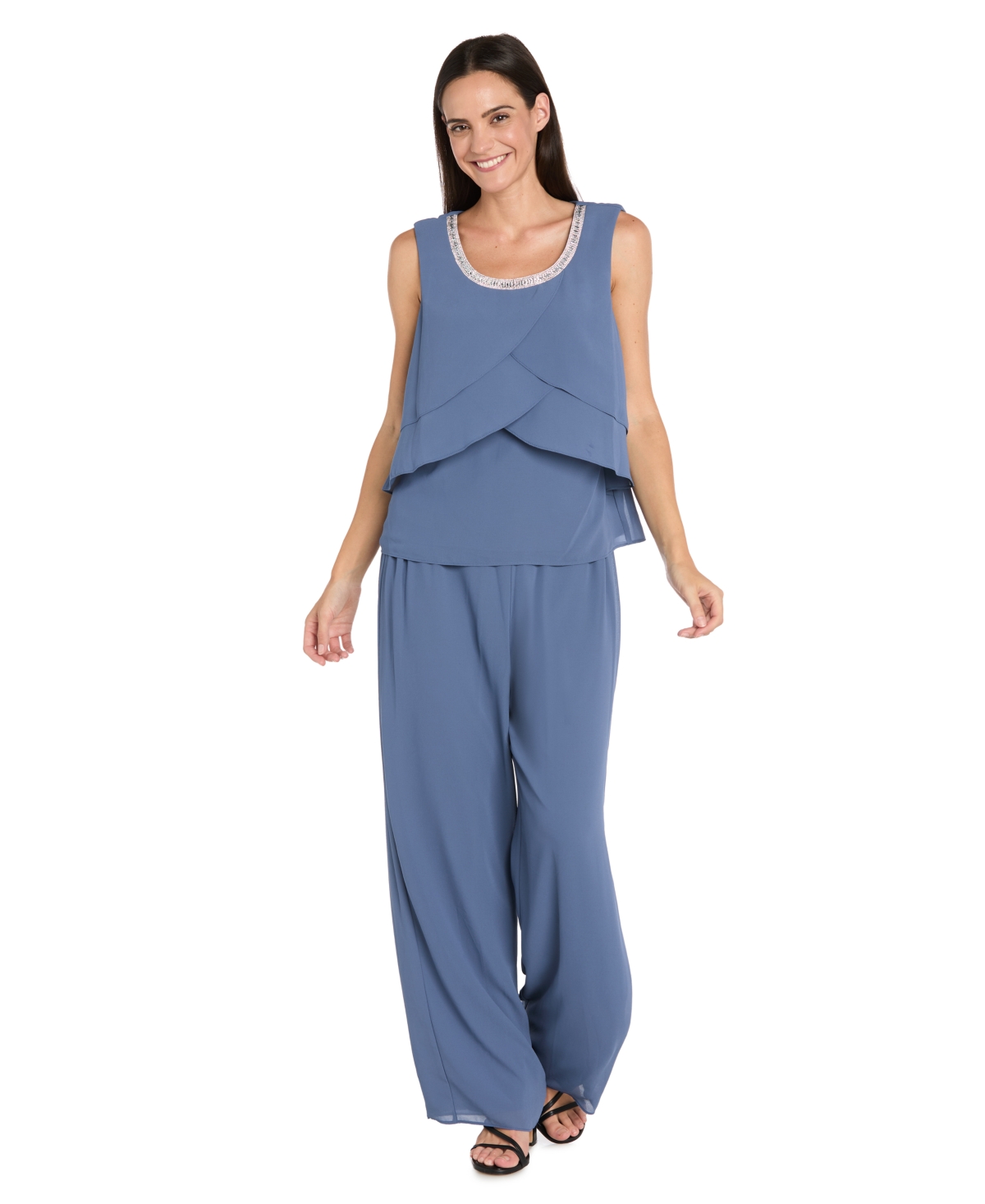 R & M Richards Petite Embellished Pants Suit, 3-piece Set In Blue