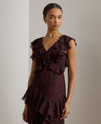 Women's Paisley Ruffle-Trim Georgette Gown
