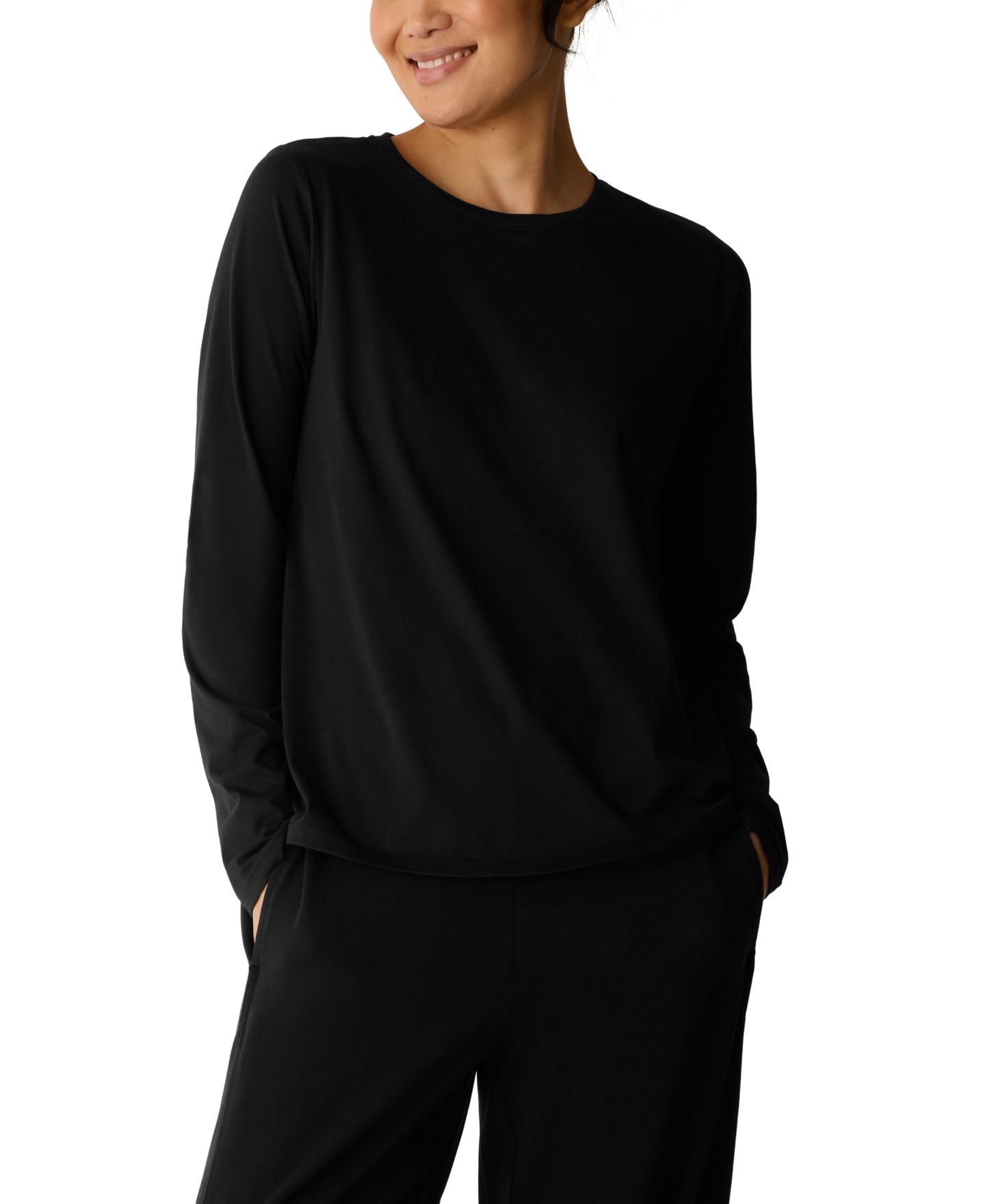 Женский топ Eileen Fisher с круглым вырезом и длинным рукавом, цвет: Чёрный — фото 1