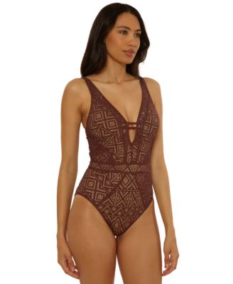 Women's Color Play Crochet Plunge One-Piece Swimsuit