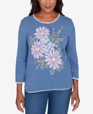 Alfred Dunner - Petite Hilton Head Cross-Stitched Floral Pull-On Sweater