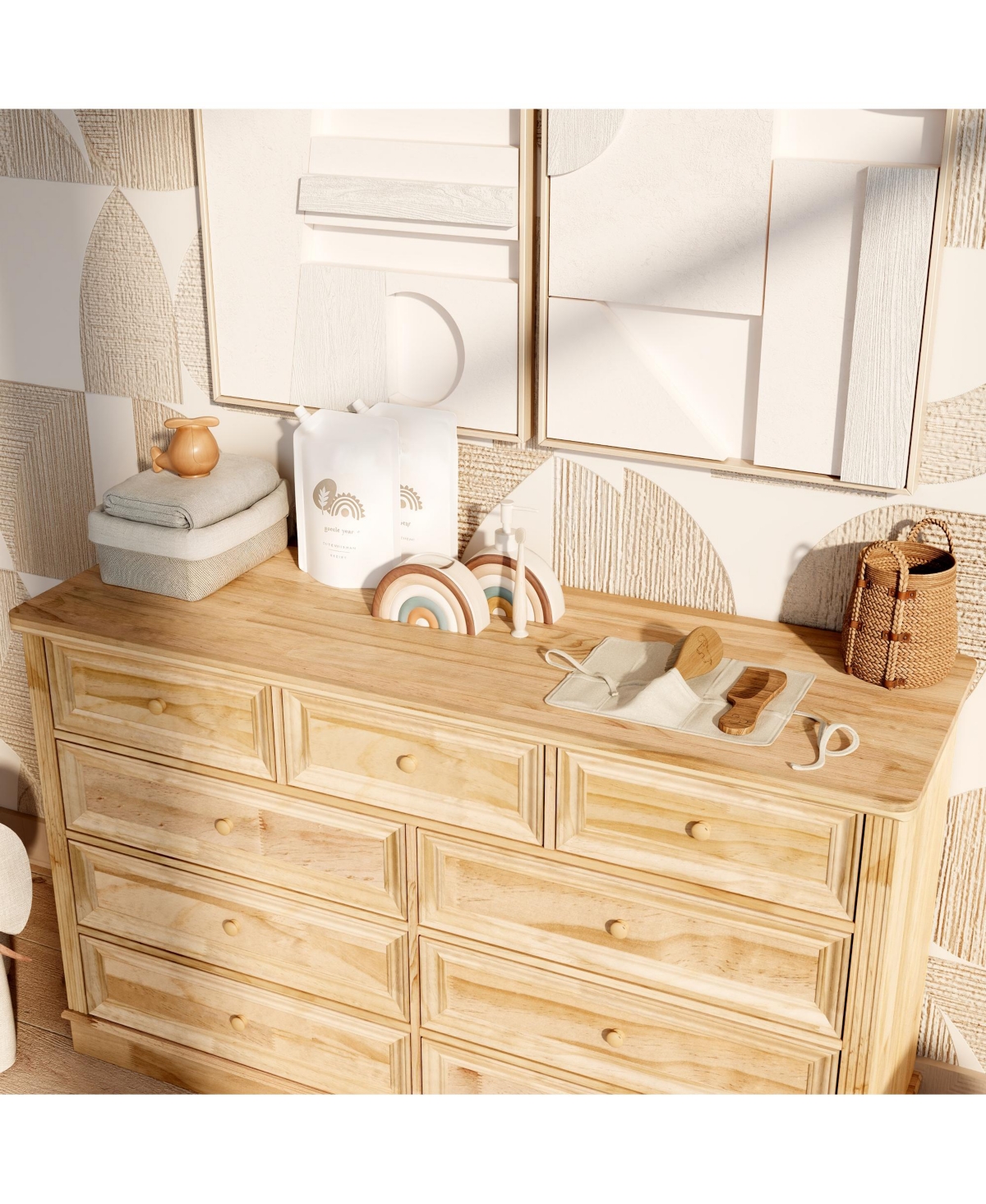 Homsee Solid Wood Changing Table with 9 Drawers and Guardrails，Chest of Drawers