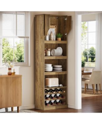 86.6" Tall Kitchen Cabinet with Stripe Light, Farmhouse Home Bar Liquor Cabinet with Wine Racks