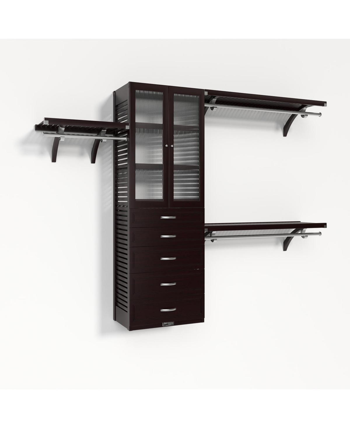 John Louis Home Solid Wood Walk-In Closet Organizer with 5 Drawers and Glass Doors