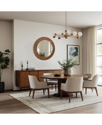 Rustic Oak Wood Textured Round Wall Mirror, 29” Decorative Home Accent