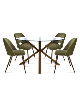 Modern 5-Piece Glass Top Dining Set for Small Spaces, 39.4'' Round Table with Fabric Chairs for Kitchen or Apartment-Maison Boucle