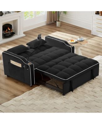 2-Seater Sofa Bed with Pull Out Sleeper, USB & Type-C Charging, Adjustable Backrest, Modern Velvet Loveseat for Small Spaces