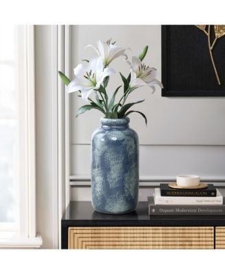 13.8" Terracotta Blue Mottled Round Vase, Ceramic Jar for Dried Flowers & Home Decor