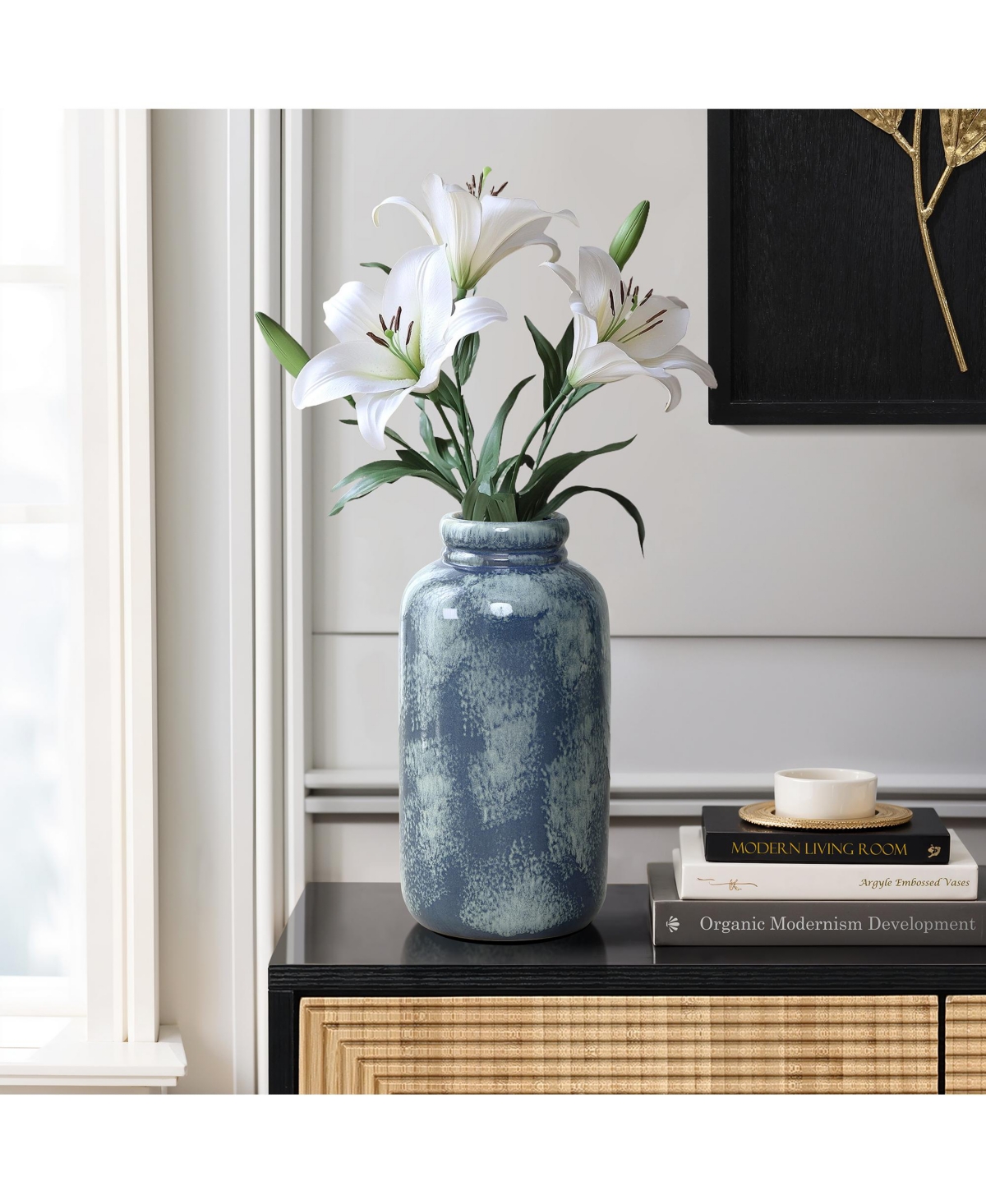 LuxenHome 13.8" Terracotta Blue Mottled Round Vase, Ceramic Jar for Dried Flowers & Home Decor