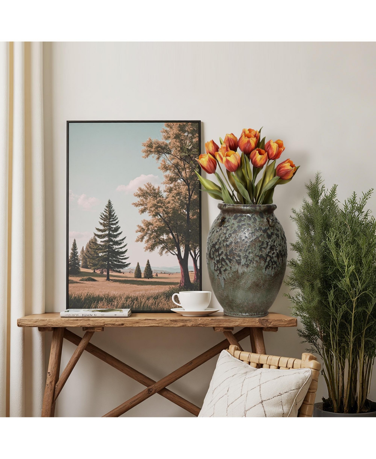 LuxenHome Antiqued Terracotta Jar Vase, Rustic 14.17-Inch Green & Brown Flower Holder