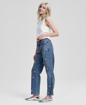 Women's Pearl-Embellished Straight-Leg Jeans, Macy's Exclusive