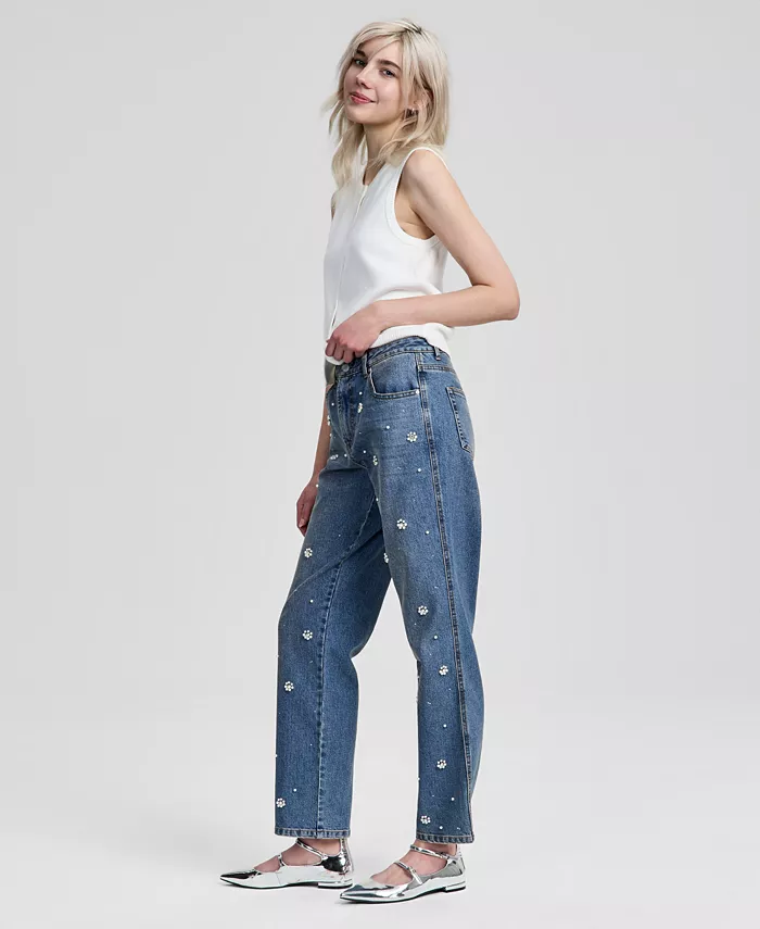 Women's Pearl-Embellished Straight-Leg Jeans - thumbnail 6