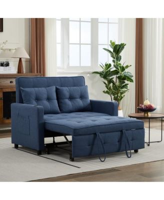 Linen Sleeper Sofa Bed, 2-Seater Pull Out Sofa with Cup Holder, USB Charging, Multi-Position Back for Apartment or Guest Room