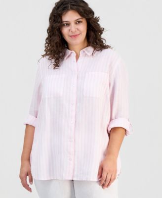 Plus Size 100% Linen Striped Button-Front Shirt
