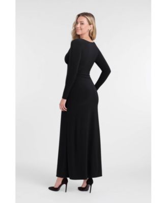 Women's Sculpting Shapewear Shirred V-Neck Long Sleeve Solid Maxi Dress