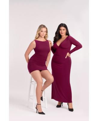 Women's Sculpting Shapewear Shirred V-Neck Long Sleeve Solid Maxi Dress