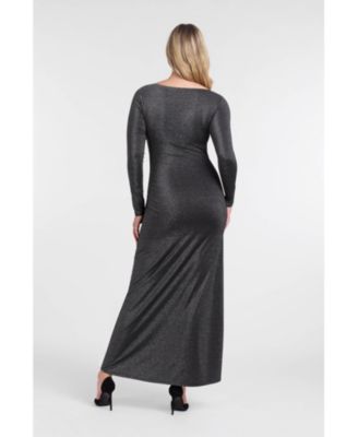 Women's S3 Sculpting Shapewear Shirred V-Neck Long Sleeve Metallic Maxi Dress