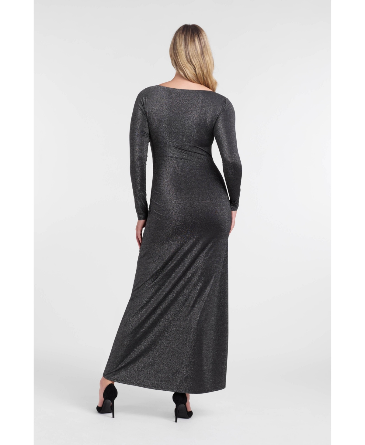 S3 Apparel Women's S3 Sculpting Shapewear Shirred V-Neck Long Sleeve Metallic Maxi Dress - Onyx Black