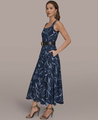 Women's Square Neck Belted A-Line Dress