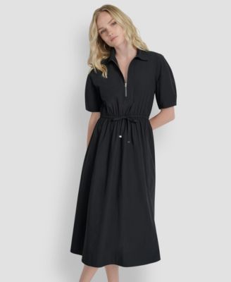 Women's Short-Sleeve Collar Zip Neck Midi Dress