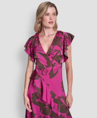 Women's Cap-Sleeve Surplice Neck Ruffle Midi Dress