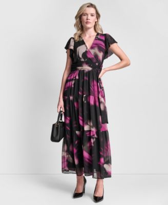 DKNY - Women's Ruffle Cap Sleeve Surplice Neck Maxi Dress