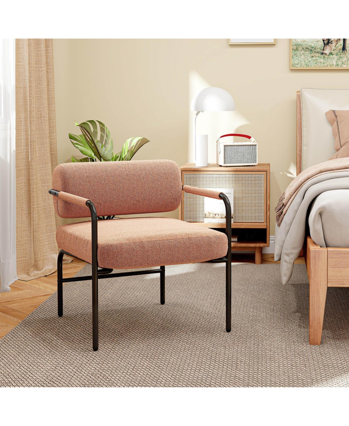 Costway 1 Pcs Modern Velvet Upholstered Accent Chair with Cylindrical Backrest & Metal Armrests