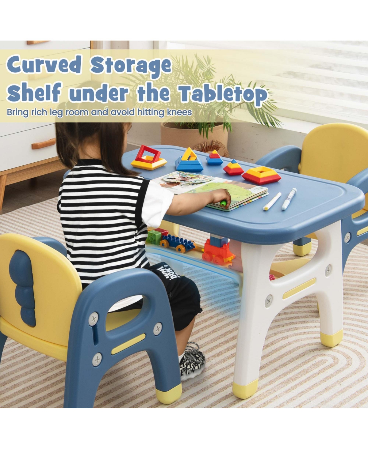 Costway Kids Table and 2 Chairs Set Activity Art Desk with Storage Shelf & Building Blocks