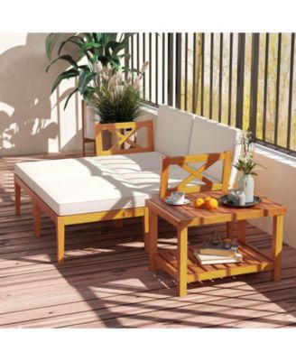 5 PCS Acacia Wood Patio Chaise Lounge Chair Set with 2-Tier Coffee Table Cushions