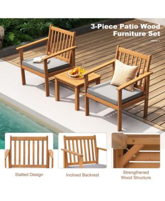  3 PCS  Acacia Wood  Soft Cushions  Patio Furniture Set (Chairs & Coffee Table)