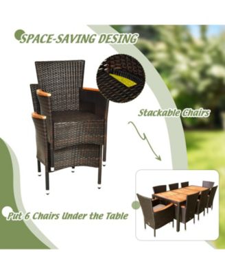 9PCS Patio Wicker Dining Set Acacia Wood Table Top Umbrella Hole Cushions Chairs