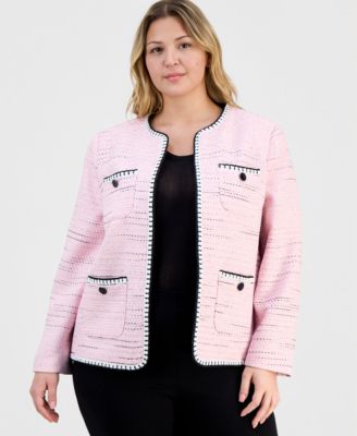 Plus Size Collarless Open-Front Tweed Jacket 