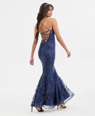 Juniors' Floral Sequin Embellished Mesh Gown