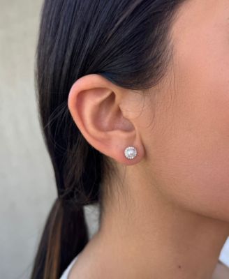 Silver Freshwater Pearl CZ Halo Stud Earrings