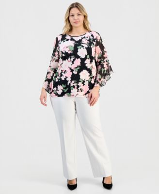 Plus Size Large-Floral-Print Ruffle-Sleeve Blouse 