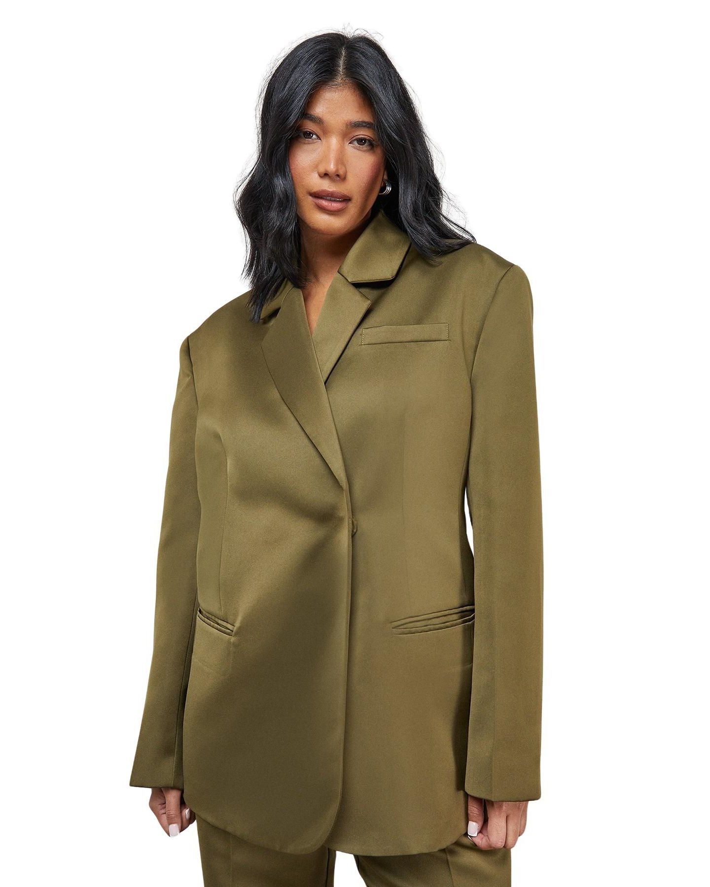 Женский пиджак Warehouse Premium Satin Oversized Blazer, цвет: Оливковый — фото 1