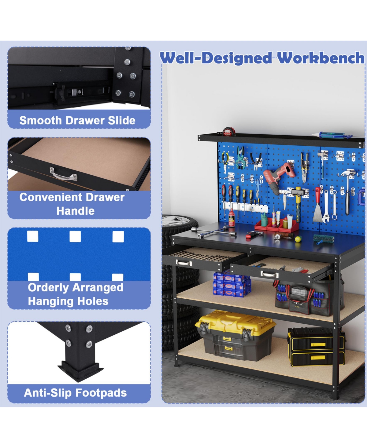 48 x 24 Inch Workbench Work Table with 3 PCs Pegboard Drawer and Shelves-Navy