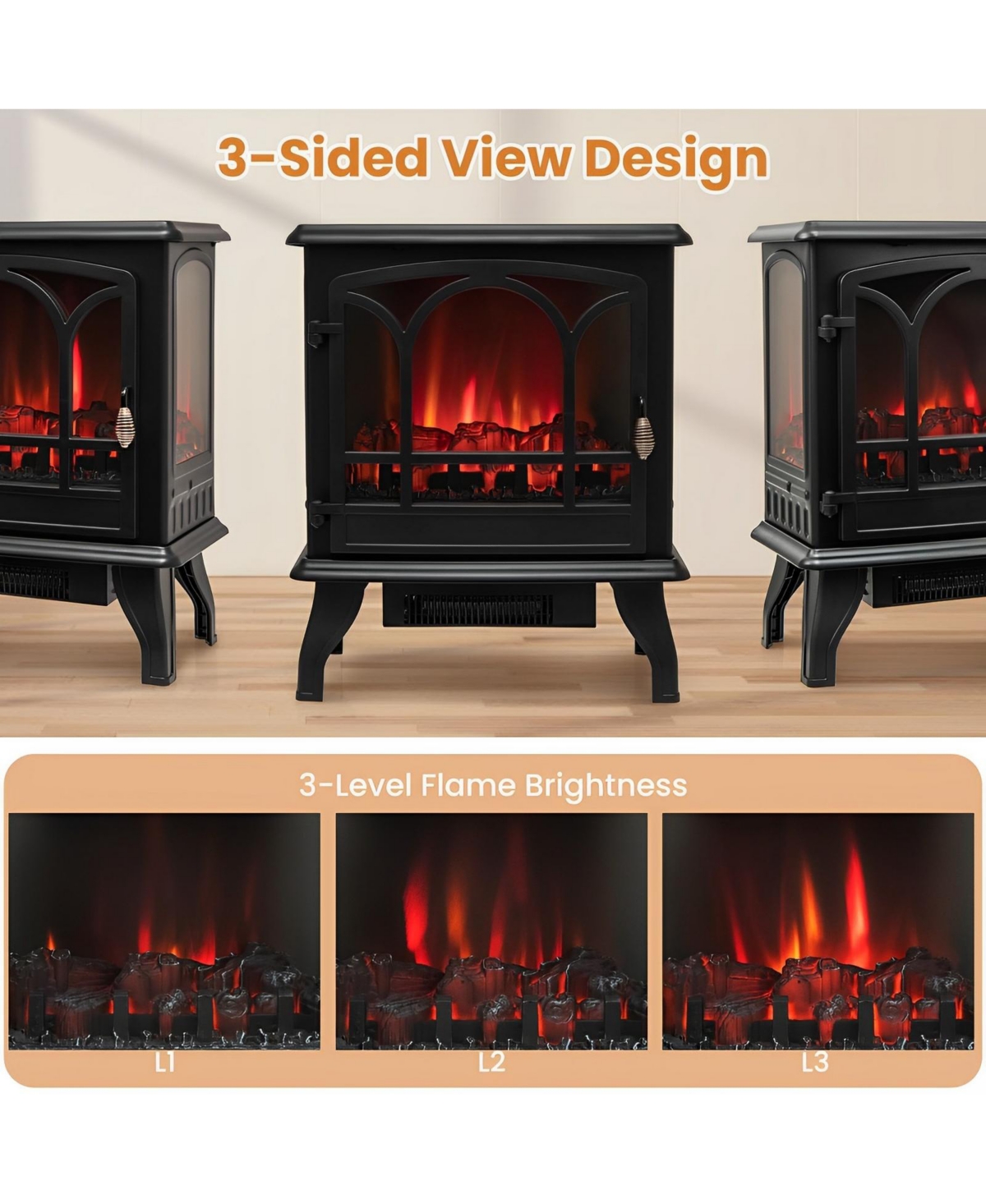 Sugift 1400W Electric Stove Heater with 3-Level Flame Effect and 3-Sided View-Black