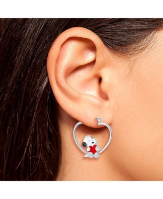 Snoopy Heart Hoop Earrings, Silver-Tone with Red Enamel
