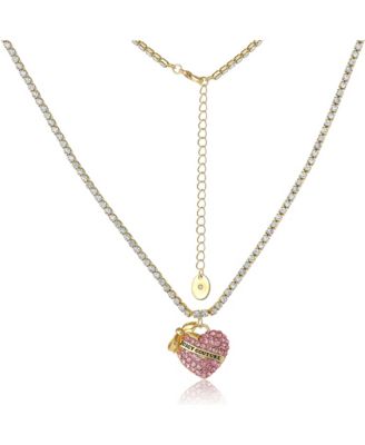 Pink Pave Heart Pendant Necklace, Gold Tone