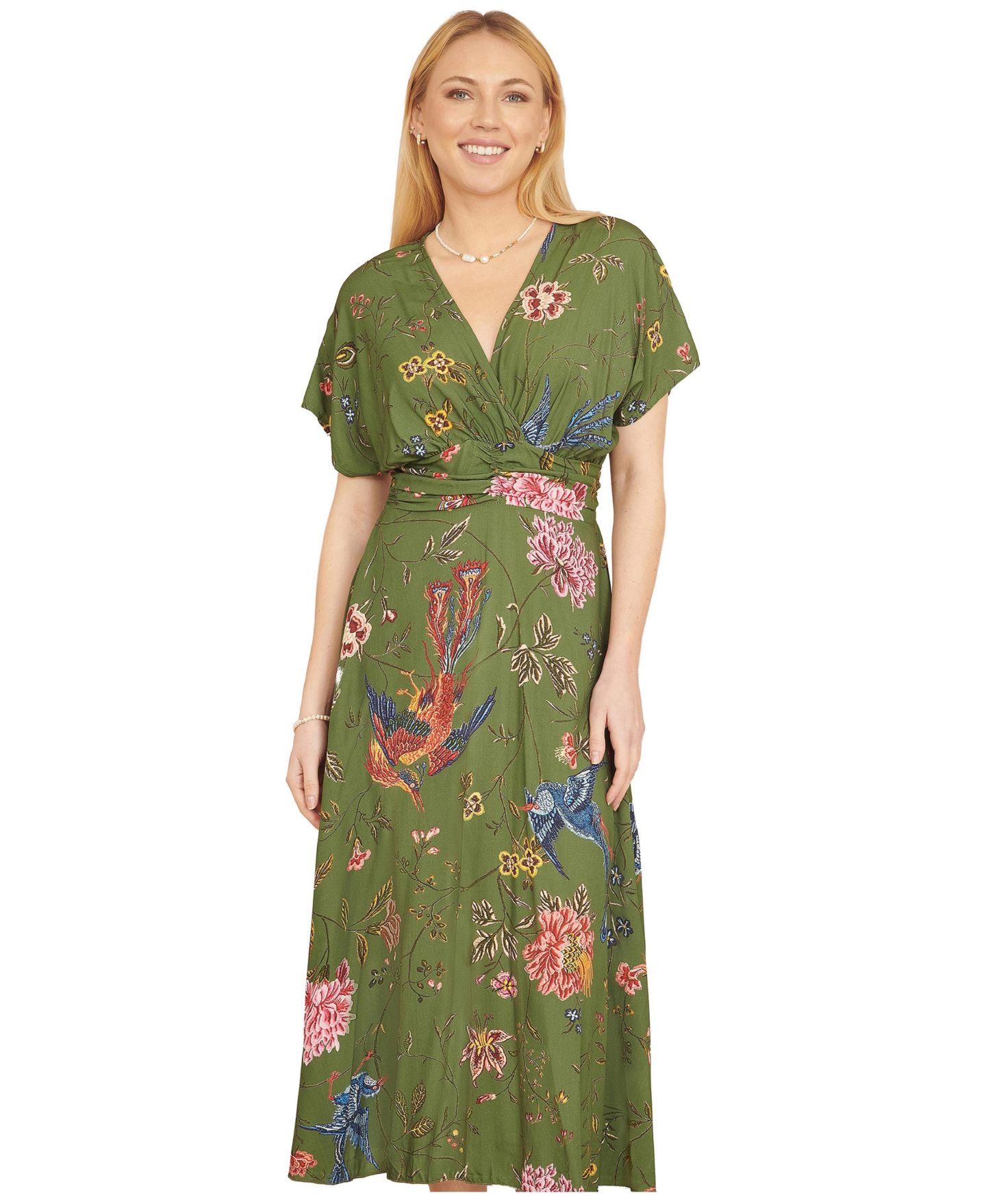Женское платье Yumi Ruched Waist Kimono Sleeve Midi, цвет: Зелёный — фото 3