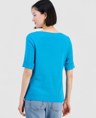 Women's Boat-Neck Elbow Sleeve Cotton Top