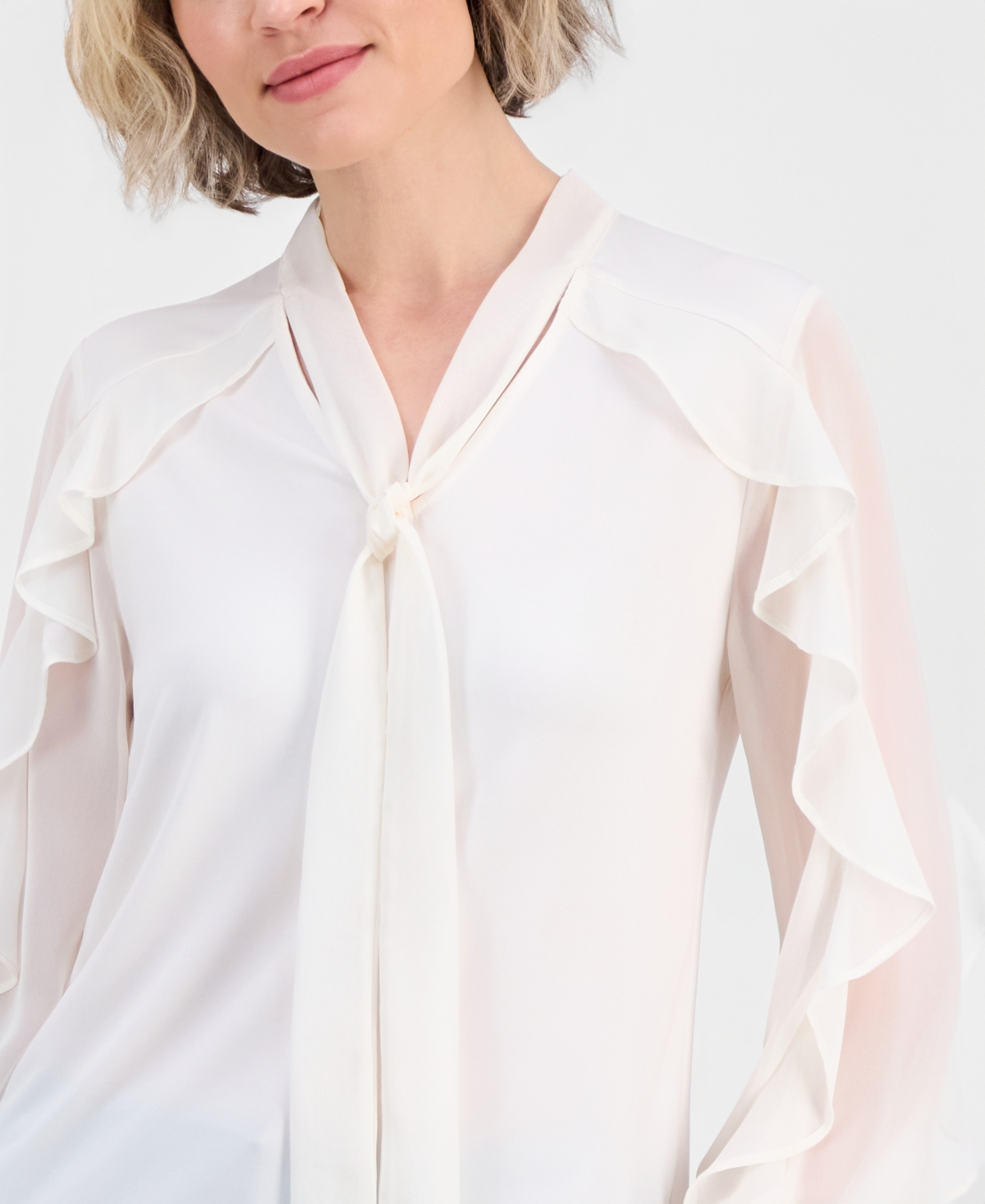 Anne Klein Women's Tie-Neck Ruffle-Long-Sleeve Top