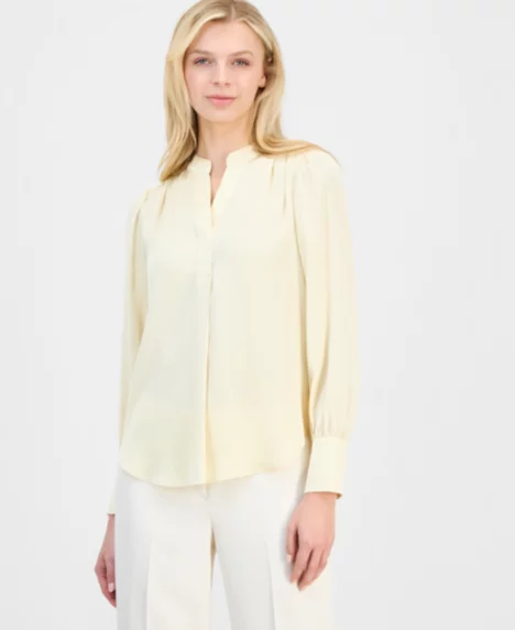 Petite Pleat-Front Long-Sleeve Blouse - Whisper Yellow