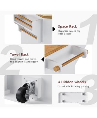 CASAINC 56" Kitchen Island Cart, Drop Leaf, Power Outlet, 4 Shelves, 6 Drawers, Rubber Wood Veneer, Rolling for Dining Room