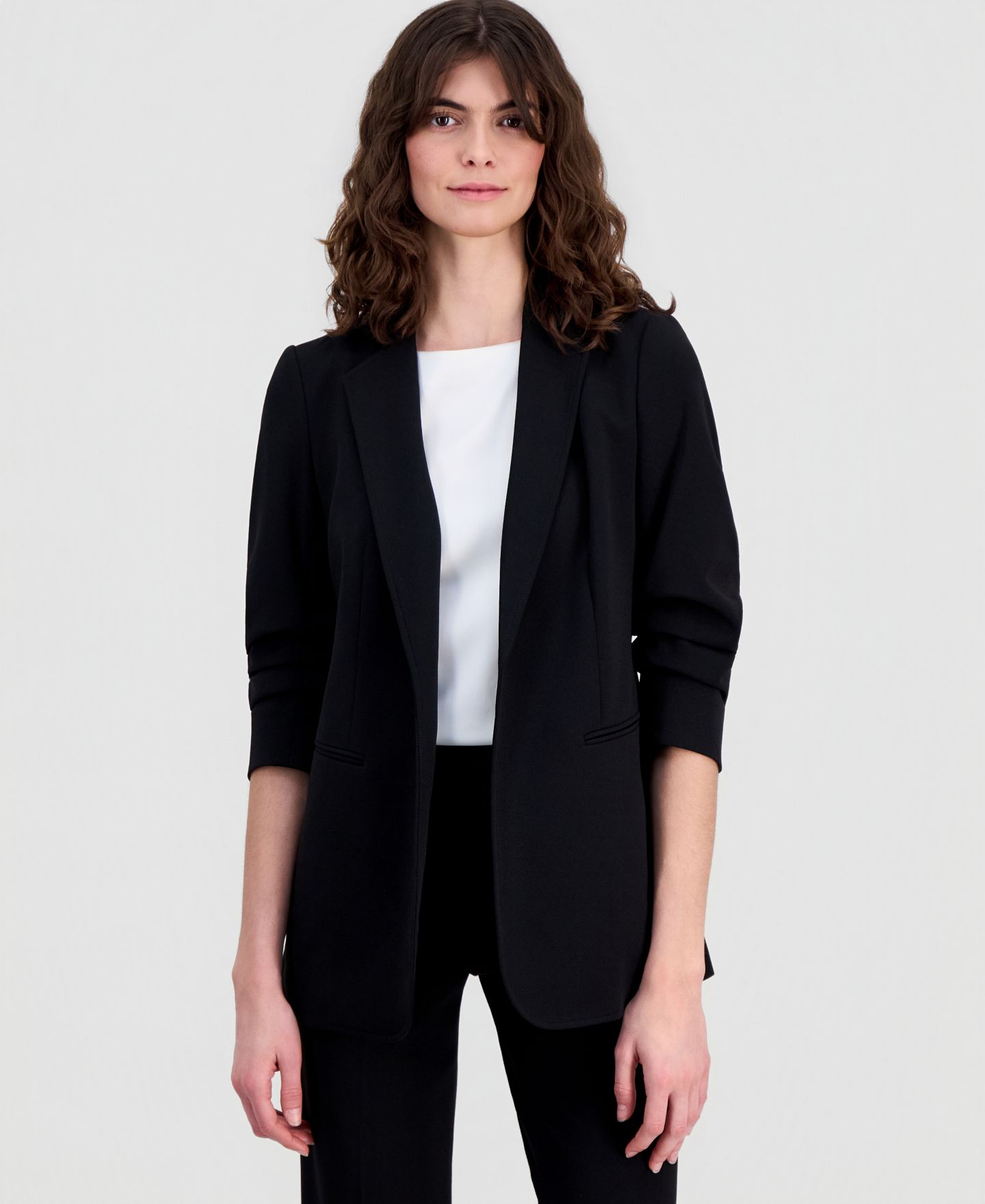 Женский пиджак Anne Klein Stretch Crepe Scrunch-Sleeve Open-Front Blazer, цвет: Чёрный — фото 1